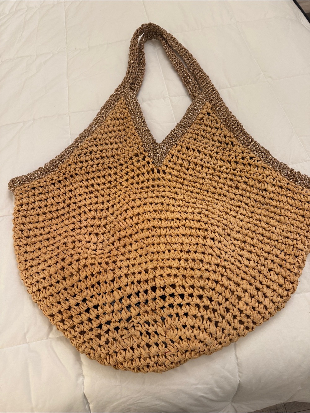 Anthropologie Two-Tone Woven Straw Tote in Tan and Brown